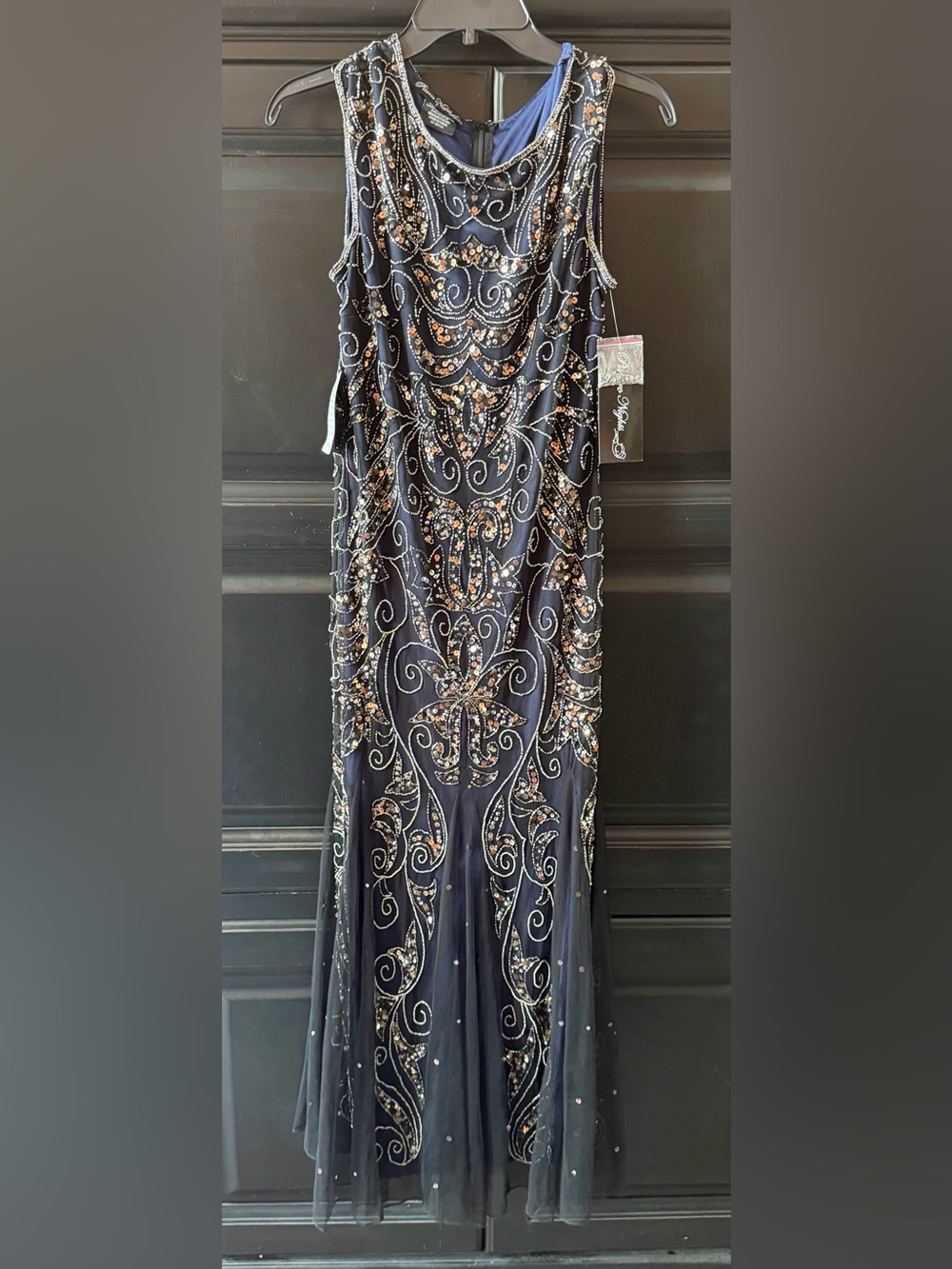 Navy Sequin Beaded Sleeveless Evening Gown